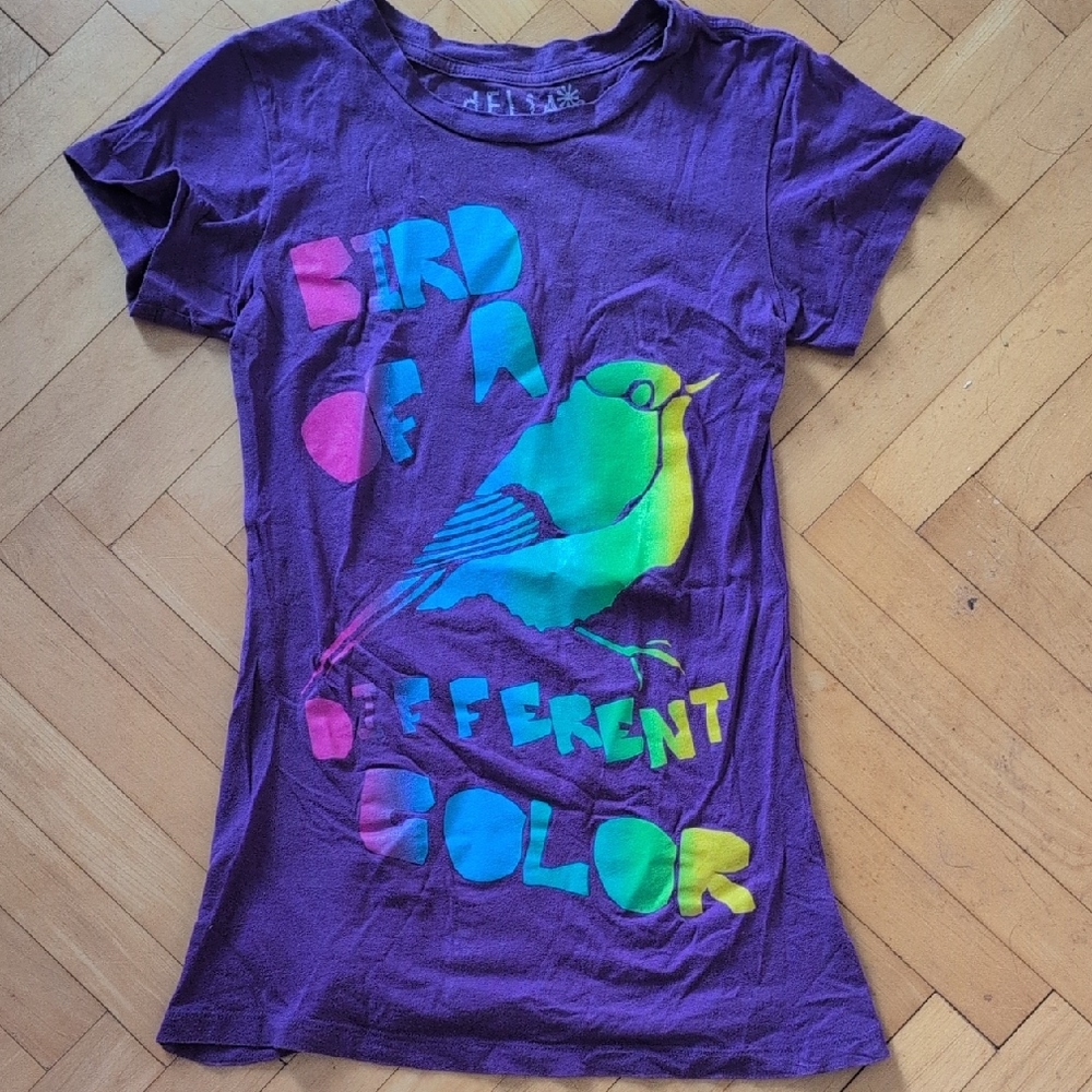 Purple Shirt with Colorful Bird Design Size S